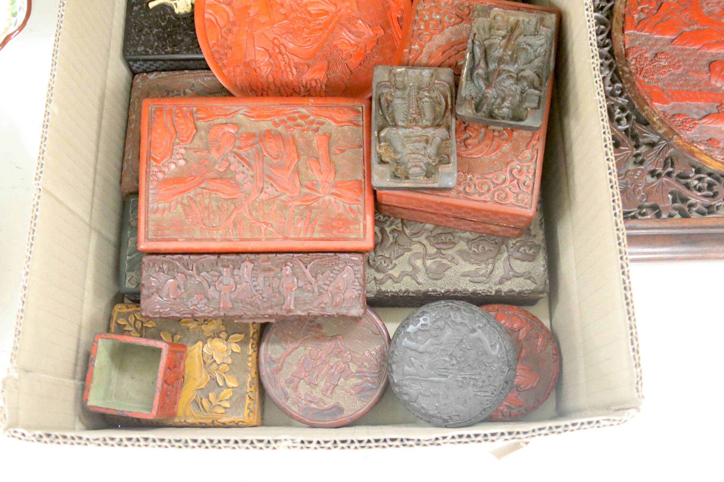 An assortment of Chinese cinnabar lacquer and other later boxes, to include a pair decorated with bears in woodland, largest 17 x 10cm (6)